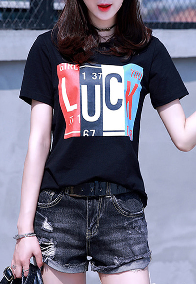 (수입) LUCK프린트 슬림 핏 반소매 티셔츠-SS4170-H