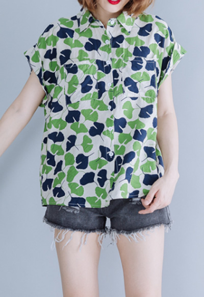 (수입) 2칼라 단풍잎 프린트 반팔 셔츠