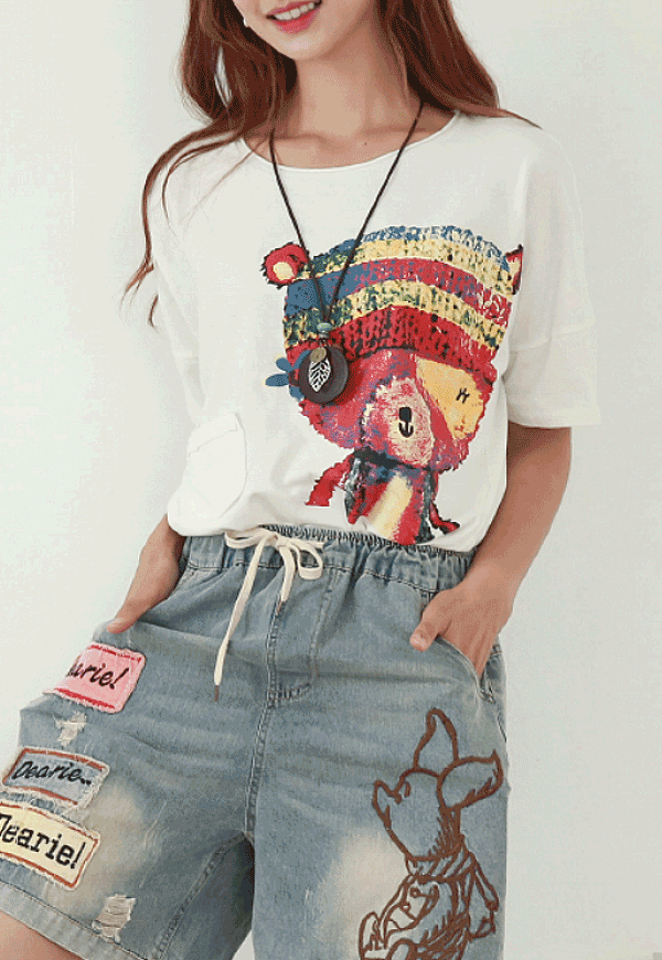 [당일배송](수입) 모자쓴 곰돌이 포켓 반팔 티셔츠-9011