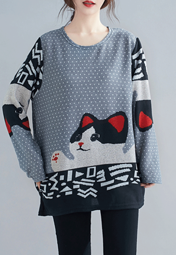 (수입) 귀여운 고양이 도트 패턴 티셔츠-1258